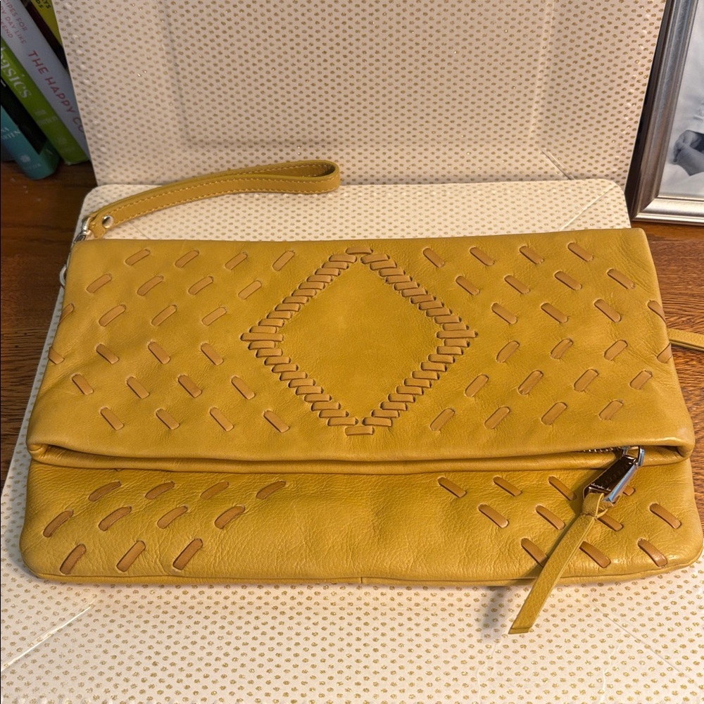 Mustard Yellow Woven Detail Wristlet Clutch